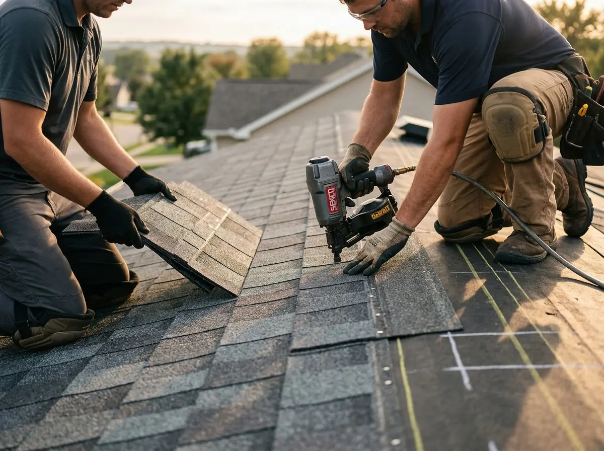 Professional roofer working on a residential roof in Garden Home-Whitford